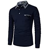 APAELEA Polo Homme Manches Longues Coton Contrasté Classique Golf Rugby Shirt Tops,Bleu foncé,XL