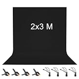 2X3M Fond Noir, Vevelux Toile de Fond Noir avec 8 Clips Anti-Plis, 100% Polyester Pliable Lavable Durable Écran Noir pour Photographie, Vidéo, Camera, Photo, Prise de Vue Vidéo