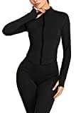 Femme Veste de Sport Manche Longue Vêtements de Sport Femme pour Gym Course Yoga Pilates Haut de Yoga avec Pouce des Trous Noir - M