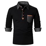 QUNERY Polos Manche Longues Homme Contrasté Épissure T-Shirt Chemises Golf Décontractée Vêtements Sportswear Homme avec Boutons Noir L