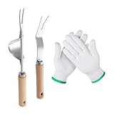 Lot de 2 désherbeurs en acier inoxydable et 1 paire de gants, outils de désherbage à main outils de désherbage de jardin, outils de désherbage manuels, fourches de désherbage à long manche,