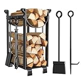 Amagabeli Porte Bûches-Range bûches de Cheminée avec 4 Outils 78x29x36cm Intérieur Extérieur Grande Capacité Ensemble d‘outils de Cheminée Support de Bois de Chauffage Outils Noir