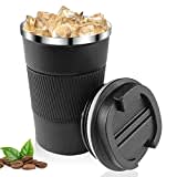 Relota Mug Isotherme Cafe 380ml Noir, Mug Isotherme Réutilisable Acier Inoxydable 304 Tasse de Voiture avec Couvercle, Café Étanche Mug de Voyage pour Café Chaud et Froid, Lait et Thé