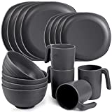 Greentainer Service de vaisselle en polypropylène Léger et incassable 16 pcs Service de table pour enfants et adultes Service de table avec 4 assiettes à dessert, 4 bols, 4 tasses pour 4, Gris