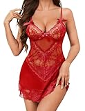 Tuopuda Lingerie Sexy Femme Coquine Hot Tenue Nuisette Sensuelle Dentelle Chemises de Nuit Col V sous Vetements Feminins, Robe de Nuit avec G-String, Rouge, XL