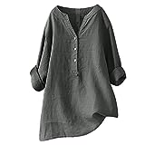 Susenstone Chemise Lin Femme,Chemisier Coton Et Lin pour Femmes Col en V Bouton Manches Longues Tops Couleur Unie LâChe Respirant T-Shirts Grande Taille Pas Cher Casual Coton Lin Blouse Gris XL