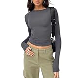 flintronic Y2K Haut Court à Manches Longues, T-Shirt Femme, Top Moulant Col Rond, Slim Fit Couleur Unie Basiques Chemises, Slim Fit Shirt Sexy Y2K Cropped