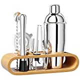 Newpop 750ML shaker cocktail, 10 Pièces Inox shaker vinaigrette avec support bois, professionnel kit pour barman, avec crépine, jigger, verseur, pour mélanger boissons, home, bar, party (Argent)