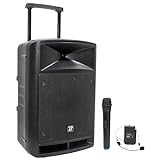 Système de Sonorisation Portable Noir 600W avec Bluetooth, BoomTone DJ TRAVELSOUND12-VHF. Lecteur USB, SD et Micro main et serre-tête VHF inclus. Idéal pour DJ, Karaoké, Spectacles de rue et Fête