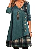 Onsoyours Robe Femmes Casual Automne Bouton Manches Longues Robe Chic Imprimé Patchwork Écossais À Grand Swing Mi-Longue Robe Chic Décontracté Robe De Soirée A Vert XL