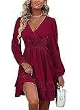 MAFA Femmes Robe Tunique Mini Robe Col en V Automne Hiver Longueur au Genou Casual Retro Respirant Bourgogne L