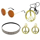 KRYMSON 1 ensemble d'accessoires, lunettes de soleil, collier avec boucles d'oreilles dorées, bandeau tressé, ensemble d'accessoires hippie, bijoux hippie, accessoires de vêtements, accessoires