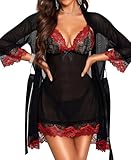 RSLOVE Nuisette Sexy Femme Robe de Nuit Lingerie Babydoll avec G-String Ensemble Lingerie Dentelle Feminin 3 Pièces Noir Rouge M