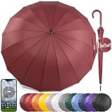 Royal Walk XXL Grand Taille Parapluie Canne Automatique pour Homme et Femme Résistant aux Vent, Solide, Anti Tempete, De Golf Pour 2 Personnes Poignée en Bois 16 Baleines 120 cm Rouge Foncé