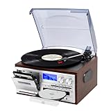 JORLAI 9-in-1 Platine Vinyle 3 Vitesses Bluetooth avec Prise Audio 3,5 mm, Vinyle Phono avec Haut-parleurs stéréo intégrés/Piles, CD/Cassette, Radio AM/FM, USB/SD, Marron