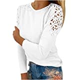 Susenstone Chemisier Femme Sexy Chic Hauts à Manches Longues Dentelle Ample Tunique Blouse Elégante Mode Col Rond T-Shirt Tops Couleur Unie/Imprimé Printemps et d'été Tunique Pullover 01# Blanc