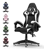 bigzzia Chaise Gaming,Ergonomique PU Cuir Chaise Bureau,Hauteur Réglable,avec Lombaire&Appui-Tête Appui,Dossier Inclinable à 155°,Fauteuil Gaming Adultes Enfants (Blanc)