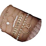 Jovono Lot de 6 bracelets bohème superposés en perles dorées avec chaîne de main et pampilles pour femmes et filles