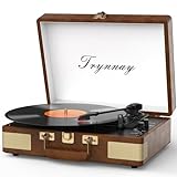 Trynnay Platine Vinyle 3 Vitesses Bluetooth Portable avec Haut-parleurs intégrés, Platine Vinyle, Son Audio amélioré, Cuir PU, Amande