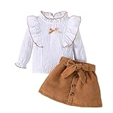 LUVCES Ensemble Bébé Fille Manches Longues à Volants Tops + Mini-jupe à nœud papillon 2 pièces Robe Globale Vêtements Tenues Kaki + Blanc 18-24 Mois