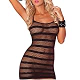 Femmes Sexy Résille Lingerie Maille Dentelle Babydoll Mini Robe Voir à Travers Bodystocking,Une Pièce Stretch sans Manches sous-Vêtements Découpée Déshabillé Nuisette Chemise Nuit Rayé