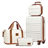 Kono Set de 4 Valises de Voyage Rigide Bagage Cabine 55cm avec Portable Vanity Case et Pliable Sac de Voyage pour Sport avec Trousse de Maquillage, Blanc Crème