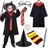 Frasheng Ensemble de costumes de magicien pour enfants 7pcs,Deguisement Sorcier per Enfant Kit d'accessoires Déguisement pour Halloween Carnaval Party,Comprend Baguette,Chapeau,Lunettes,Cravate,125CM