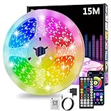 Ruban Led 15m, Led Chambre, RGB Bande Led Contrôlé par APP Bluetooth ou Télécommande 44 Touches, Synchroniser avec Rythme de Musique, Bandeau Led pour Chambre, Bar, Cuisine, Mariage, Fête