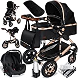 KESSER® Poussette combinée 3en1 Set incl. baignoire bébé poussette Siège sport & siège auto pour bébé Pneus pleins en caoutchouc Sac à langer Protection pluie Table pour enfant ECE R129 noir/champagne