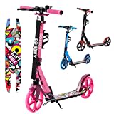 Arebos Trottinette de ville avec LED rose - Réglable en hauteur - Pliable - Avec Sangle de transport, frein à main et marchepied, pour enfants et adultes, charge maximale : 100 kg, trottinette