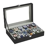 SONGMICS BoÎte À Montres À 12 Emplacements, Coffret À Montres, Écrin, avec Couvercle en Verre, Coussinets Amovibles, Serrure en MÉtal, RevÊtement en Noir et Doublure en Gris JWB12BK