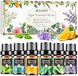 AESHORY Kit Huiles Essentielles 6x10ML, Huile Essentielle Aromathérapie Pures & Naturelle, pour Diffuseurs, Massage, Yoga - Lavande, Orange Douce, Menthe Poivrée, Arbre à Thé, Citronnelle, Eucalyptus