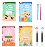 BAZAR&CO Lot de 4 Cahiers D'Ecritures Magiques Pour Enfants En Français + 2 Stylos + 8 Recharges + 2 Grip + 1 Pochette Calligraphie +3 Ans de la Maternelle Au CE2