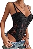 Rongseng Body Femme Sexy Bodysuit en Dentelle Florale Bretelles Spaghetti Bodys en Maille Transparente Bodycon Combinaisons Jumpsuit Tops Dos Nu Élégant Lingerie Party Justaucorps Clubwear