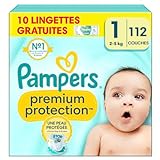 Pampers Premium Protection Taille 1, x112 Couches, 2kg-5kg, Double Protection pour la peau et contre les fuites + 10 Lingettes Harmonie Aqua Gratuites