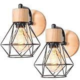 TOKIUS Lot de 2 Appliques Murales Interieur Vintages Industrielles Plafonniers Luminaires E27 en Métal Lampe Murale Industrielles Rétro éclairage Mural Noir Cuisine Salon (A-avec Bois - 2pcs)