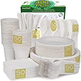 Aschef 400Pcs Assiette Jetable Pas Cher Blanche en Bagasse Bio Vaisselle Jetable Biodégradable Fourchette Couteau Cuillère Tasse Paille Serviette pour Fête de Mariage Soirée Party Camping 50 Invités