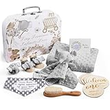 Lictin Coffret Naissance, Ensemble de 14 Coffrets Cadeaux, Cadeaux Bébé Inclus, Couverture, Doudou Éléphant, Bavoirs, Étapes Bébé, Cadeau de Bébé Neutre pour Garçons et Filles