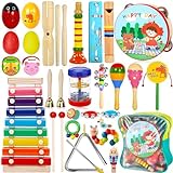 ZLPBAO 34pcs Instrument de Musique Enfant, Ensemble de Jouets Musicaux Bois, Tambour Enfant avec Ocean Wave Bead, Xylophone et Sac de Transport Jouets Musicaux avec Sac de Transport, 1+ Ans