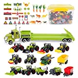 deAO 45 PCS Ensemble de Véhicules Détachables avec Tracteurs Camionnettes et Boite de Rangement Incluse avec Figurines d’Animaux de la Ferme et des Accessoires, Set de Voiture agricole, Cadeau Enfant