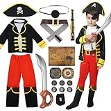 Pirate Costume Enfant, 17 pièces Déguisement de Pirate Accessoires avec Boussole, Carte, Télescope et Épées Gonflables, Costume de Pirate pour Halloween Carnaval Fête D'anniversaire, Enfant 3-8 Ans