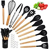 Ustensiles de Cuisine en Silicone, hicoosee 22 PCS Accessoire Cuisine Set sans BPA, Kit d'Ustensiles de Bois, Antiadhésive Set avec Pot de Rangement, Noir