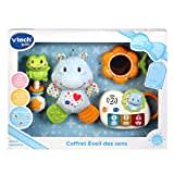 VTech - Coffret Naissance Éveil des Sens Bleu, Premiers Jouets Bébé, Doudou Hippo en Peluche, Piano Lumineux et Interactif, Hochets Grenouille et Miroir, Cadeau Nouveau-Né - Contenu en Français