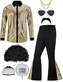 Ragelion Homme 70s Disco Outfit Adult Costume d'Halloween comprenant une chemise rétro, un pantalon à clochettes,une perruque pour le parti (Doré, XL)