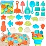 27 pièces de Jouets de Sable pour Les Enfants,Set de Jouets de Plage avec Seau Pliable, Voyage Jouets de Sable moules,Jouets de Plage pour Fille garçon avec Pelle de Sable Seau Sac Filet