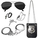 Hifot 5 pièces Police Equipement Accessoires Enfant, Policier Badge Menottes en Métal avec Clés Lunettes de Soleil pour Police Costume Accessoires Vetement Fête Halloween