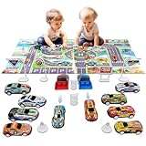 TOYABI 21 pièces Voiture Enfant Ensemble, 10 Voitures à Friction avec Lanceur/barrière routière/Tapis de Jeu pour Enfants/Sac de Rangement, Petite Voiture Jouet, pour Enfants de 2 à 8 Ans