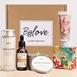 Coffret Cadeau Femme avec Fleur de Cerisier, 5Pcs Coffrets Cadeaux Bain , Sel de Bain, Crème pour Les Mains, Solide Sakura, Cadeau de Fête des Mères, Cadeau d'anniversaire