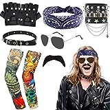 10PCS Deguisements Rock Accessoires,Accessoires de Costume Rock avec Bandana Manches Couvre Gants Bracelet Lunettes Moustacheet Tour de Cou Anneaux pour Femmes Hommes Fête des Années 70 80