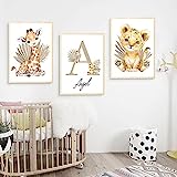 Youihom 3 Posters Personnalisé Bebe Garcon Fille Affiche Prenom Décoration Chambre Enfant Tableau Animaux Girafe Lion Beige Murale Toile Cadeau 30 x 40 cm sans Cadre